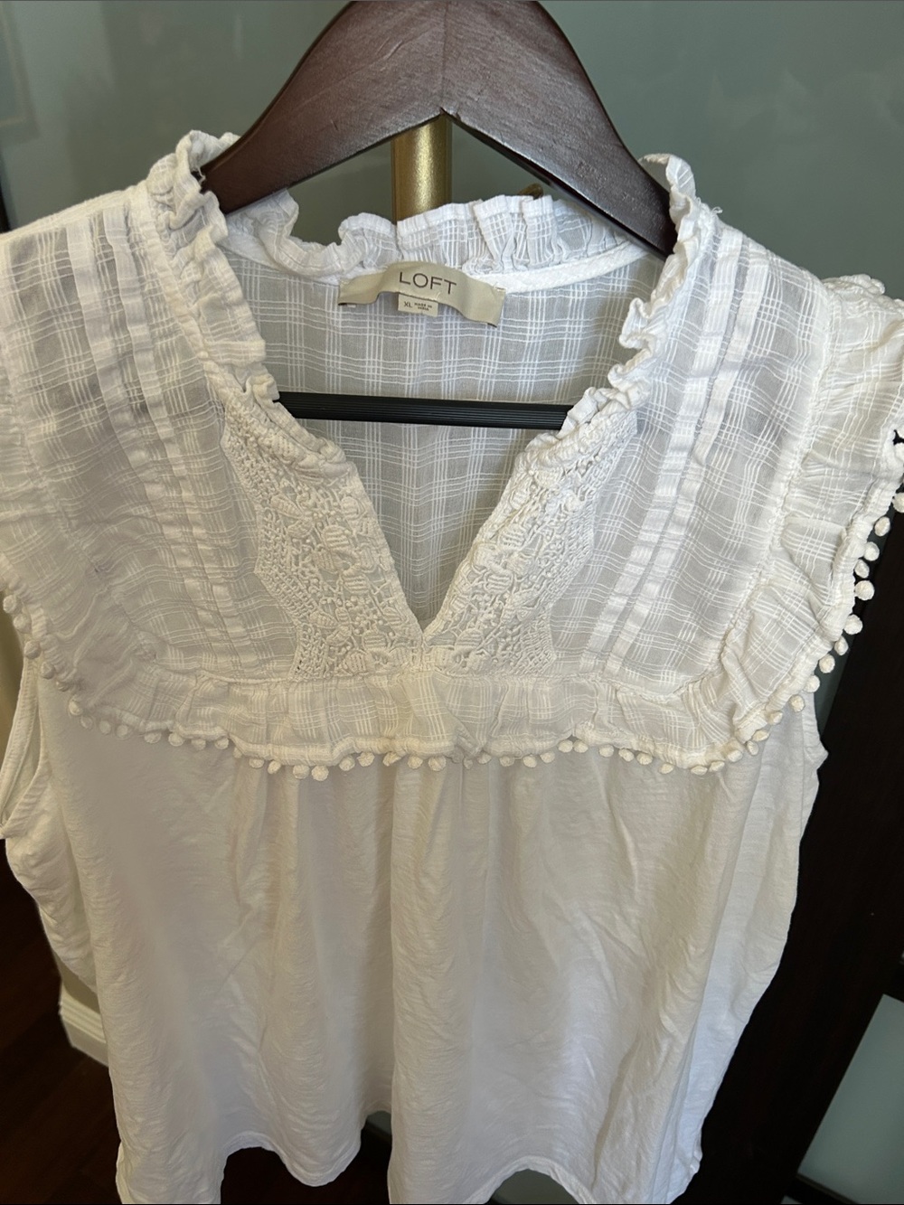 LOFT White Sleeveless Blouse with Pom-Pom Trim and Lace Yoke